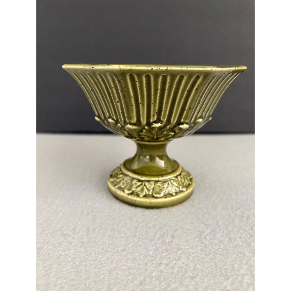 Inarco Japan Vintage Pedestal Bowl Ceramic Olive Green Octagonal E-2500 5.5in